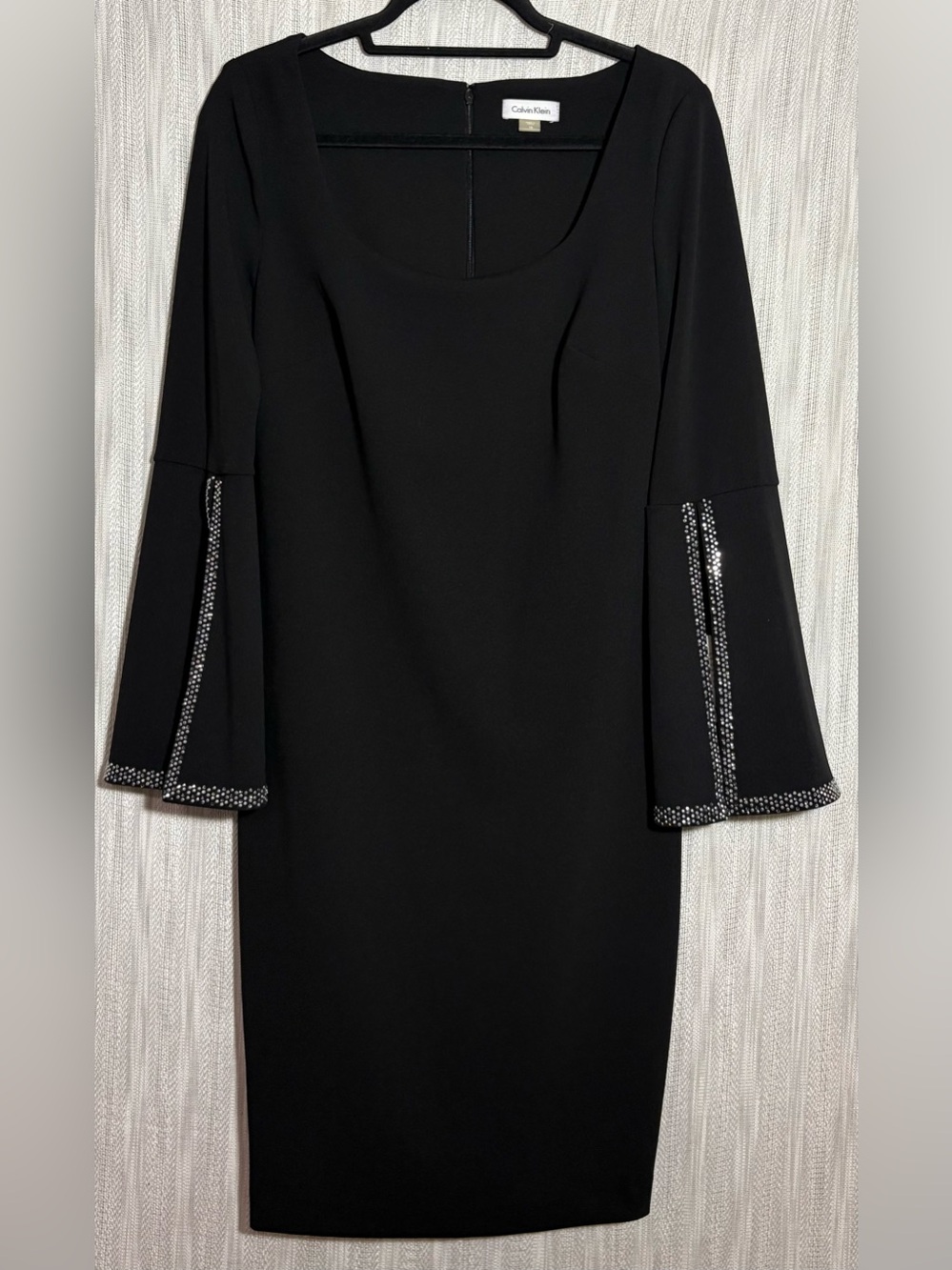 Calvin Klein Black Long-Sleeve Bell-Sleeve Dress with Rhinestone Trim